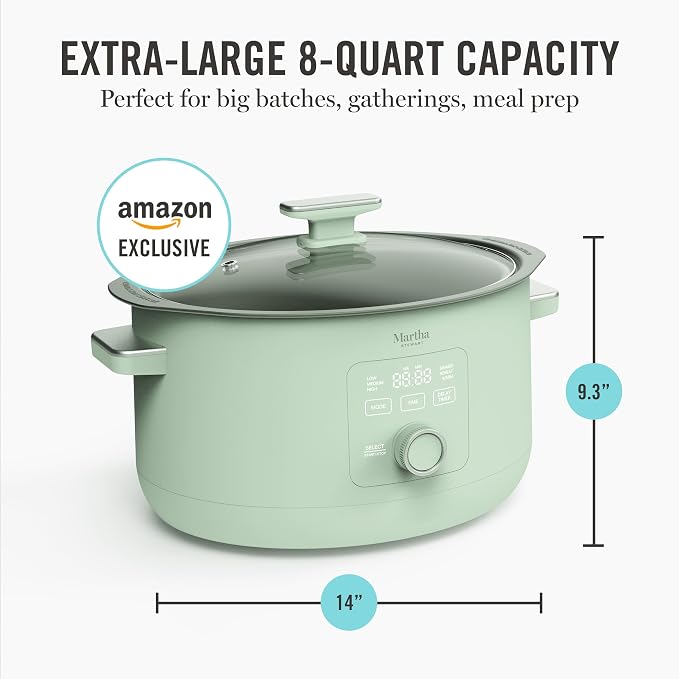 Martha Stewart 8 Quart Slow Cooker, Ceramic Nonstick Removable Bowl, Programmable with Timer, Stovetop & Oven Safe, 3 Temperature Settings, Simmer, Reheat, Warm, Glass Lid, Cool Touch Handles,Honeydew