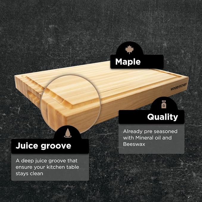 Medium Wood Cutting Board from Canadian Maple - A Reversible Butcher Block That Comes with Juice Groove for Cutting Meat and Juicy Veggies Easily - Maple Chopping Board - 16x12x1.5"