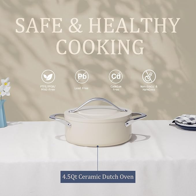 CookinCraze Ceramic Nonstick Cookware Set 8" Fry Pan & 4.5qt Dutch Oven PFAS/PTFE/PFOA Free Even Heat Distribution All Cooktops Compatible Oven Safe to 500°F (Cream)