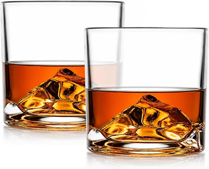LIITON Mount Everest Heavy Crystal Whiskey Glasses Gift Set of 2, Thick Freezable Bourbon Glass 1lb Each, Premium Whiskey Gifts for Men, Frozen Crystal Chills Cocktails, 10 oz
