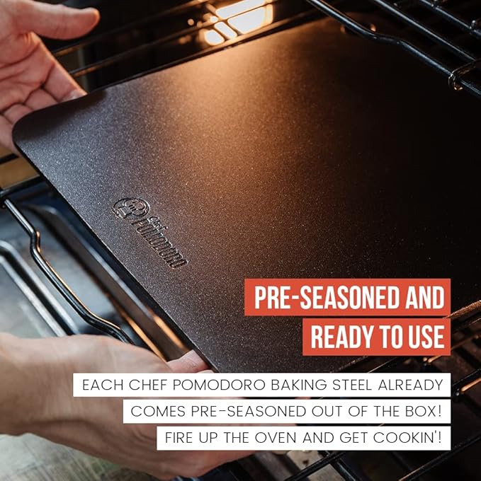 Chef Pomodoro Pizza Steel for Oven, 13x13 In, 1/4 Thick Baking Steel | Pre-seasoned Steel Baking Stone for Pizza, Bread & Pastries; Durable, Grill-safe, Easy-clean With Finger Hole Handle