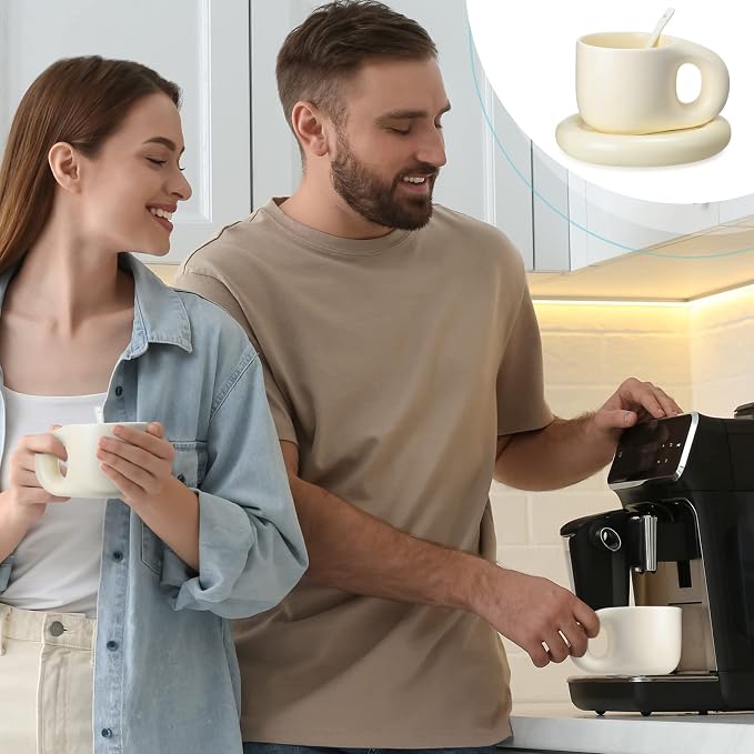 Lallisa 2 Pieces 13.5 oz Ceramic Coffee Mug Cute Fat Handle Cup with 2 Pcs Matching Saucer and 2 Pcs Spoons Espresso Chubby Mug for Milk Latte Tea Cafe, Dishwasher and Microwave Safe (Beige)