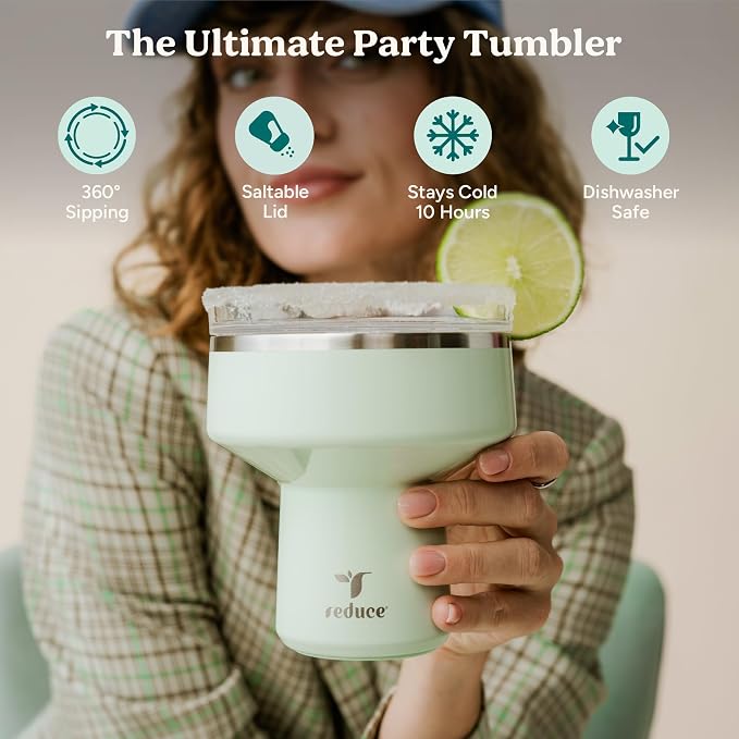REDUCE Saltini 16 oz Cocktail Tumbler - Insulated Margarita Tumbler with Lid - Keeps Drinks Cold for 10 Hours - 360 Sippable Martini Glass Alternative - Shatterproof, Perfect for Parties - Palm Leaf