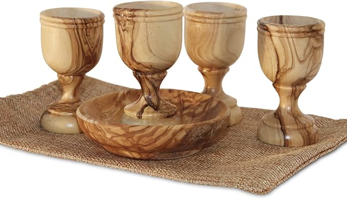 Olive Wood Communion Cups & Bread Plate Set - 4 Hand-Carved Kiddush Goblets with Tray from Bethlehem – Authentic Holy Land Gift for Church, Ministry & Worship