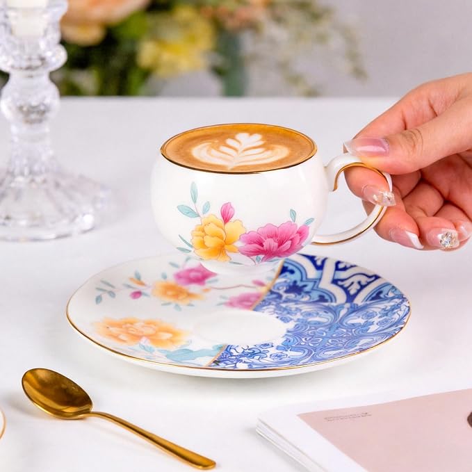 KAMMAK Tea Cups and Saucers Set of 2, Fine Bone China Coffee Cups, Stackable Espresso Mugs, Ceramic Demitasse for Coffee, Cappuccino, Latte, Americano, Tea, Blueprint of Prosperity (Medium)