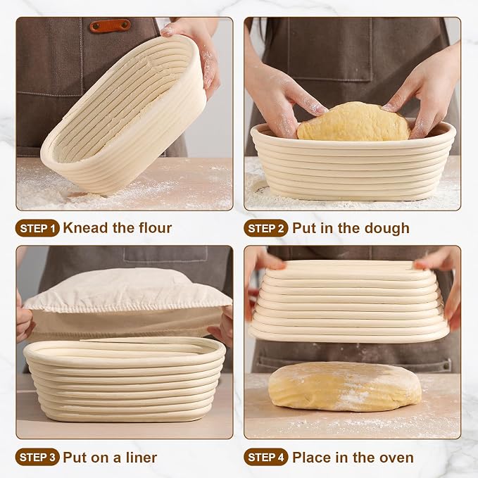 4 Pack 10 Inch Oval Banneton Bread Proofing Basket, Rattan Sourdough Bread Baskets with Liners for Home Baking