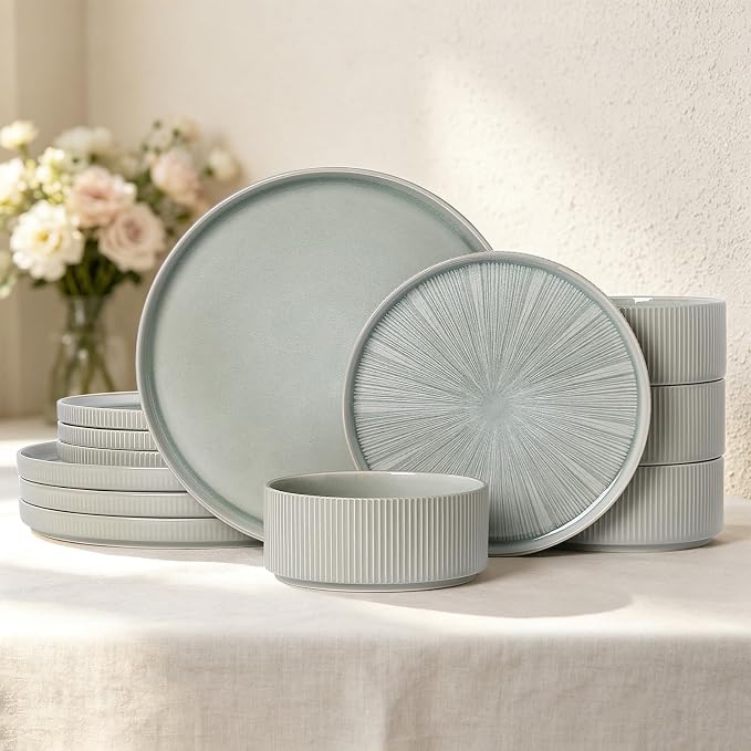 Dinnerware Sets for 4, Ceramic Plates and Bowls Set 12 Piece Dinnerware Chip Resistant Stoneware with Advanced Inkjet Printing Technology, Dishwasher and Microwave Safe-Sage Green