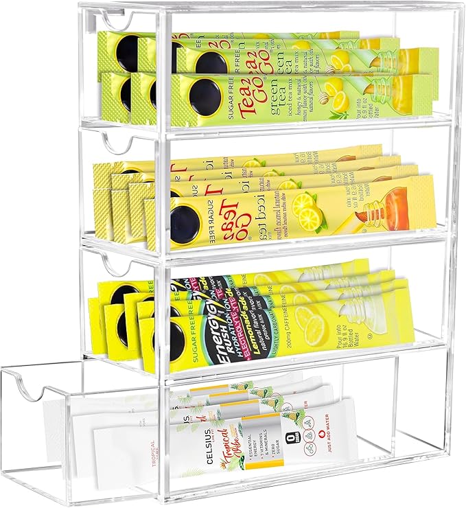 Drink Packet Organizer, Acrylic Drink Mix Holder with 4 Clear Drawers Water Flavor Packets Container for Kitchen Pantry Home Organization (1 Pack)