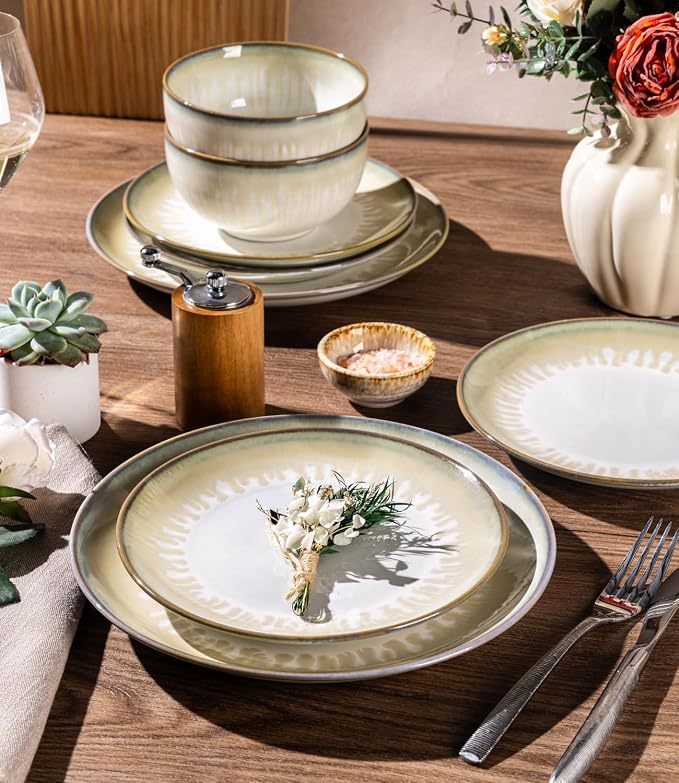 LERATIO Ceramic Dinnerware Sets for 4,Reactive Glaze Plates and Bowls Set with Mugs, Dishwasher,Microwave & Oven Safe Dishes set-Sage Ivory