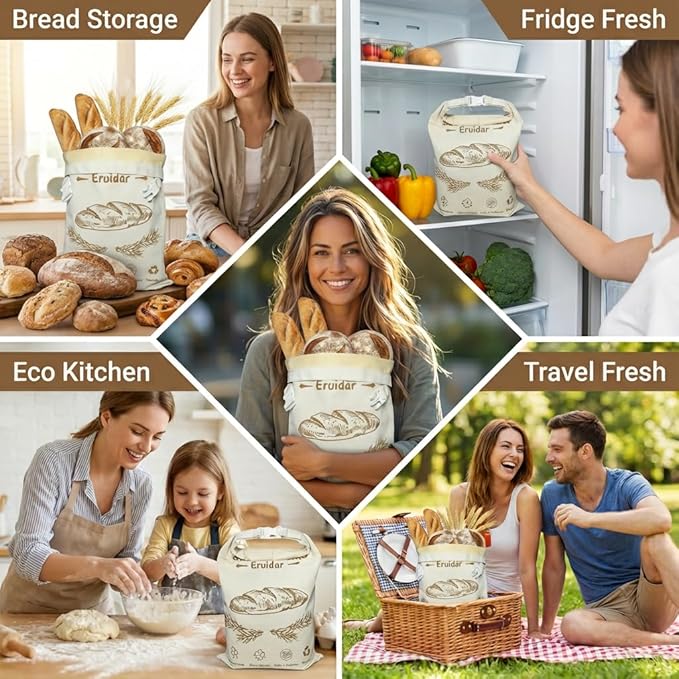 Beeswax Bread Bags for Sourdough & Homemade Bread (2 Pack), XL 13"x17" Large Reusable Cotton & Linen Bread Bag, Keep Loaves Fresh Longer, Natural & Easy to Clean(Rustic Bread Print)