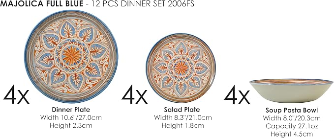 Tudor Royal 12-Piece Round Porcelain Dinnerware Set, Service for 4 - Majolica Design, Multicolor Floral, Plates Bowls Mugs Dishes, Premium Quality Tableware, Unique Pattern, Glossy