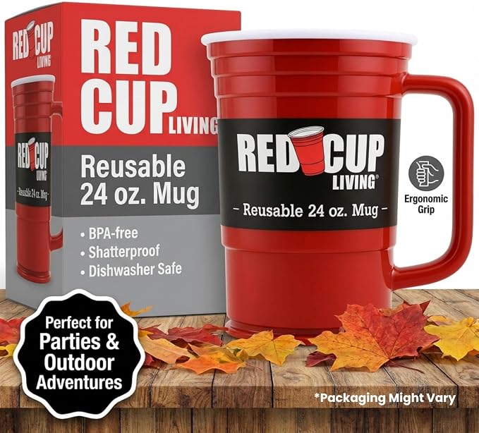 Red Beer Party Mug Glass Tumbler 6 Pack |Unbreakable Cups Beer Stein Reusable Drinking Supplies Birthday, Anniversary, Big Grip Tumbler Travel Outdoors | Dishwasher Safe Party Essentials