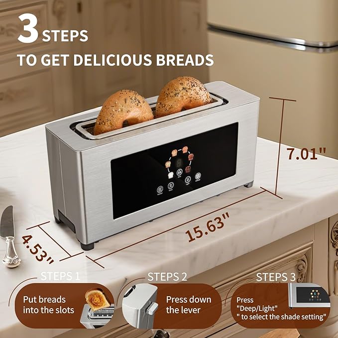 Touch Screen Toaster with Defrost & Removable Tray, 2 Slice Slim Toaster with Long Slot for White Bread, 6 Browning Levels, 1200W Compact Stainless Steel
