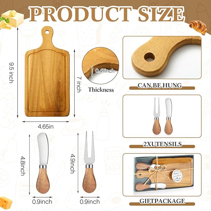 Ziliny 1 Set Bridal Baby Shower Cheese Prizes Wooden Square Board Gift Set Knives Forks Thank You Tags with Box for Guests for Valentines Bridal Baby Shower Housewarming (Teak Wood)