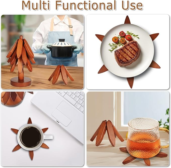 Wooden Trivets for Hot Dishes, Tree Shape Trivet Set, Foldable Kitchen Wooden Trivets, Tree Coaster for Hot Dishes、Pot、Bowl、teapot、hot Pot Holders (4 Piece-Walnut)