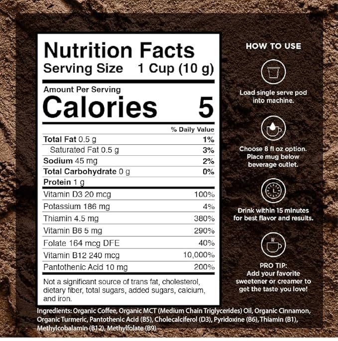 VitaCup Organic Genius Keto Coffee Pods, Increase Energy & Focus w/MCT Oil, Turmeric, B Vitamins, D3, Medium Dark Roast, Bold, Smooth, Single Serve Pod Compatible w/Keurig K-Cup Brewers, 16 Ct.