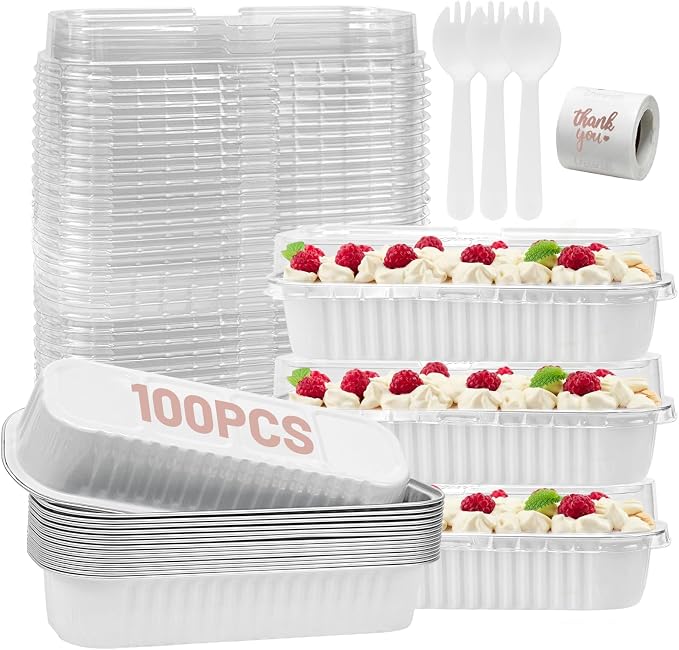 100Pack Mini Loaf Pans with Lids and Spoons and Stickers Individual Mini Cake Pans Disposable Portable Stackable, 6.8Oz Aluminum Pans Tins, Dessert Cups Containers for Sales,Party White