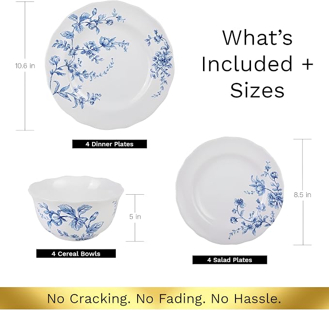 222 Fifth 12-Piece Porcelain Dinnerware Set for 4, White & Blue Plates and Bowls Set, Glossy Ceramic Dish Set with Beautiful Floral Design, Elegant Kitchen Dishes, Microwave & Dishwasher Safe, Bellamy