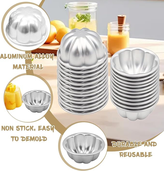 25Pcs Pudding Mold Aluminum Alloy Egg Tart Molds Non-sticky Small Jello Molds Reusable Cake Tartlets, Flan Cup Cake Pans for Baking Egg Tart Flan Cupcake Bread Muffin Brownie Pudding