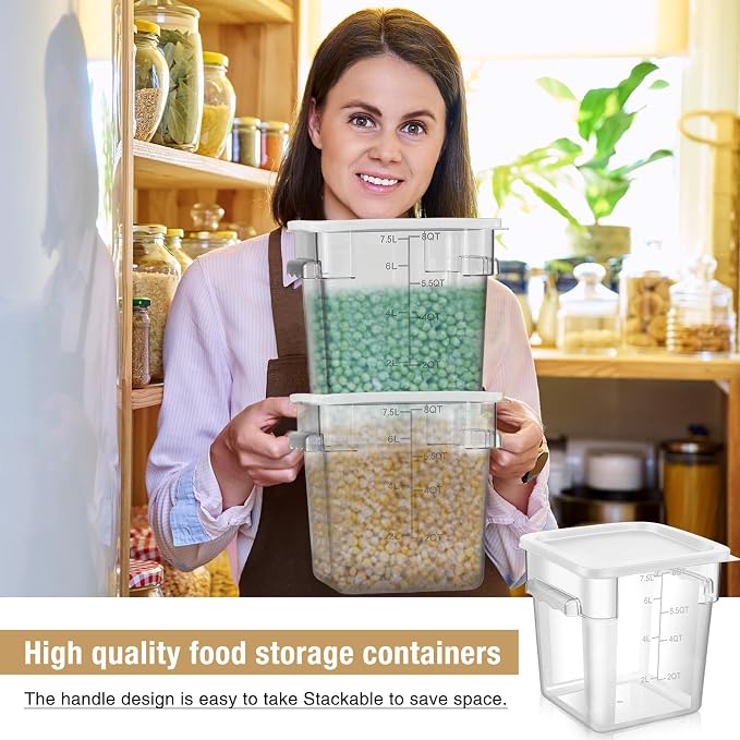 FoldTier 2 Pieces Square Food Storage Containers Polycarbonate Clear food Container with Lid Commercial Storage with Graduations for Commercial Kitchen Dough Marinating Meat(White,8 Qt)
