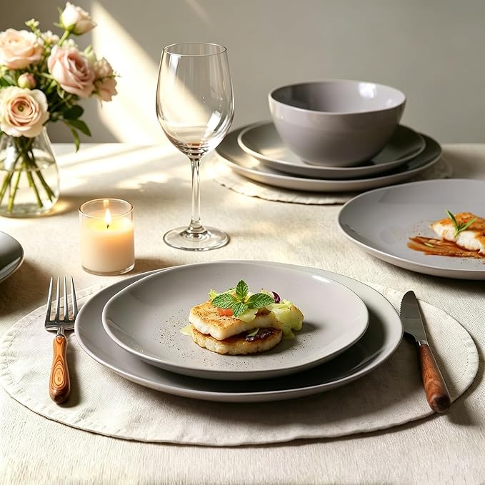 Dinnerware Sets for 4, 12 Pieces Stoneware Plates and Bowls Sets, Dishwasher&Microwave Safe,Modern Minimalist Tableware for Everyday Use, Gray