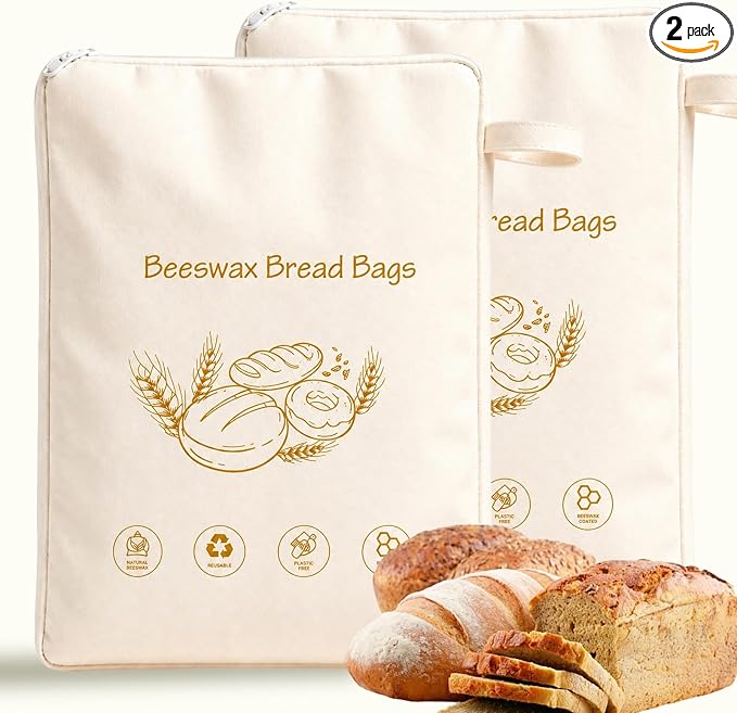 2 Pack Beeswax Bread Bags for Homemade＆Sourdough, 17"x13" XL Reusable Organic Linen with Wide Zipper, Freezer-Friendly Eco-Friendly Storage for Bread, Keeps Loaves Fresh Longer
