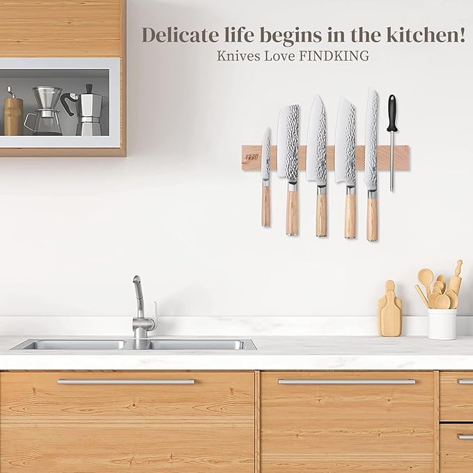FINDKING Maple Wood Magnetic Knife Strip, Wall Mounted Wooden Knife Holder with Strong Magnets for Kitchen Organization, 16 Inch Beige, Without Knives