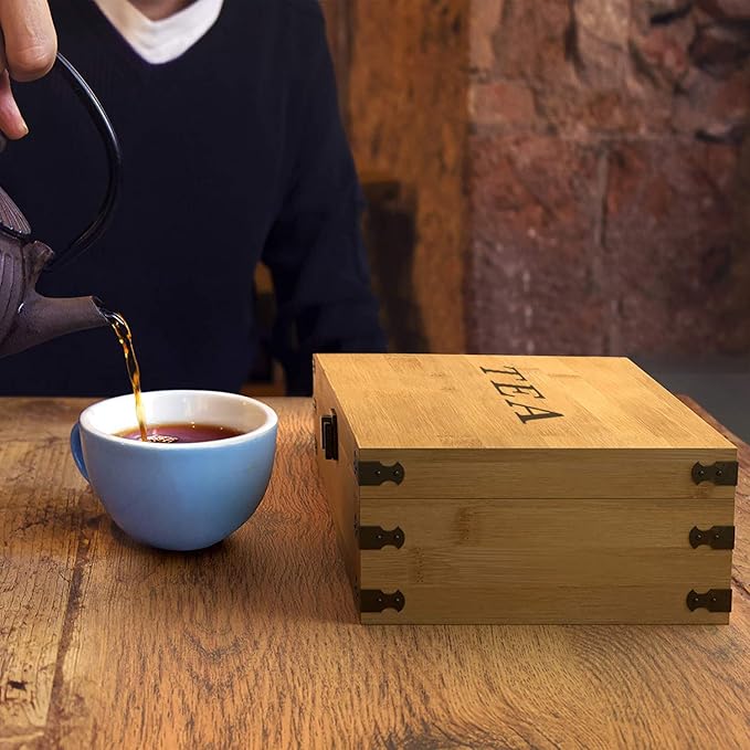 Tea Organizer Box 7.4" x 8.1" x 4.2" Bamboo Wood Organizer Storage Chest 4 Tall Adjustable Slots 100% Handmade Eco-Friendly Natural Kitchen Décor