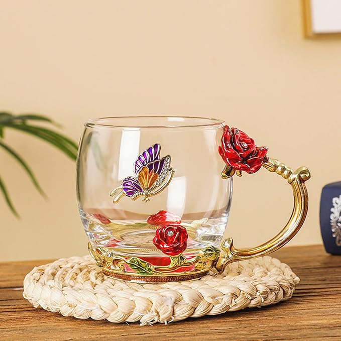 Glass Fancy Tea Cup Set Birthday Christmas Valentine's Day Gift Idea for Tea Lover and Women Novelty Coffee Mugs Rose Flower Enamel Glass Mug with Spoon