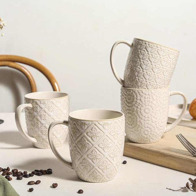 Coffee Mugs Set of 4, 16 Oz Ceramic Coffee Mugs, Large Porcelain Embossed Cups for Cocoa, Tea, Milk, Mocha, Cappuccino, Microwave & Dishwasher Safe, Comfort Handle, 3.5 x 4.5 inch
