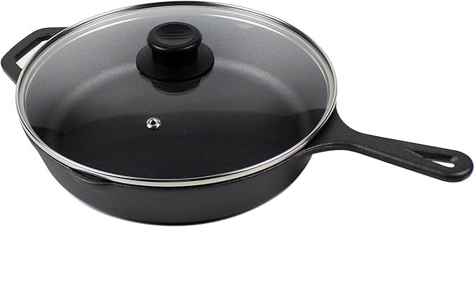 10.25-Inch Cast Iron Skillet Set (Pre-Seasoned), Including Large & Assist Silicone Hot Handle Holders, Glass Lid, Cast Iron Cleaner Chainmail Scrubber, Scraper | Indoor & Outdoor Use