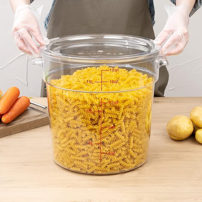 Restaurantware Met Lux 18 Quart Food Storage Containers 10 Round Commercial Storage Containers - Lids Sold Separately With Volume Markers Clear Plastic Food Prep Buckets Space-Saving Storage