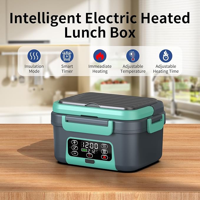 Cordless Electric Heated Lunch Box, 1.5L - 6.3 Cups 100W Rechargeable Smart Self-Heating Food Warmer with Removable Divider, Spoon, Fork, BPA Free, Portable Lunchbox for Car Travel Office Lake Green