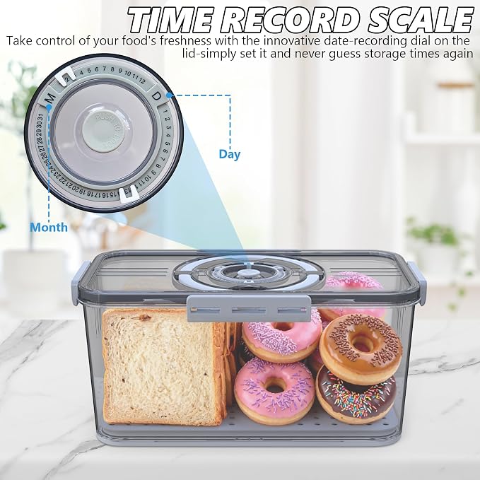 Bread Box with Lid and Handle,Airtight Bread Storage Container with Time Recording,Bread Keeper for Homemade Toast, Bagel, Portable bread boxes for Camping & Outdoor Travel,Not dishwasher safe
