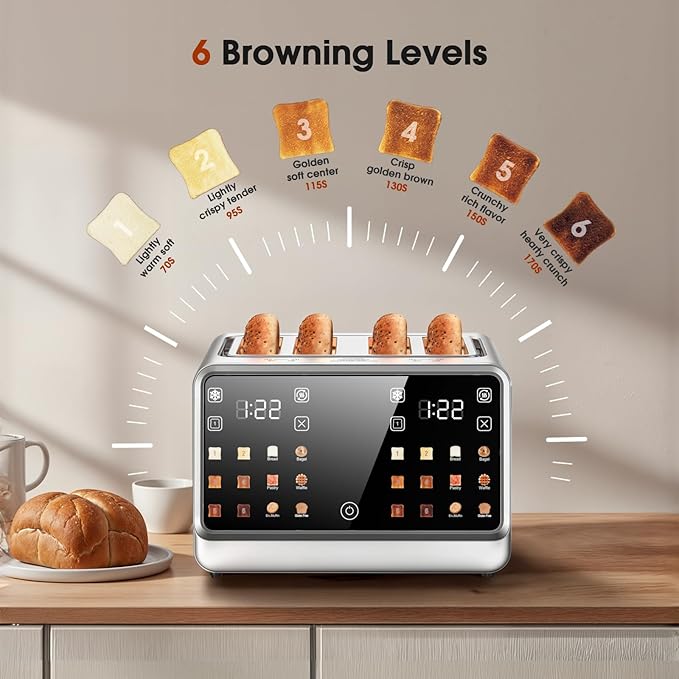 Touch Screen Toaster 4 Slice, DualZone Control, 6 Browning Levels & Toast Types,Single-Slice Mode, Stainless Steel, Removable Crumb Tray