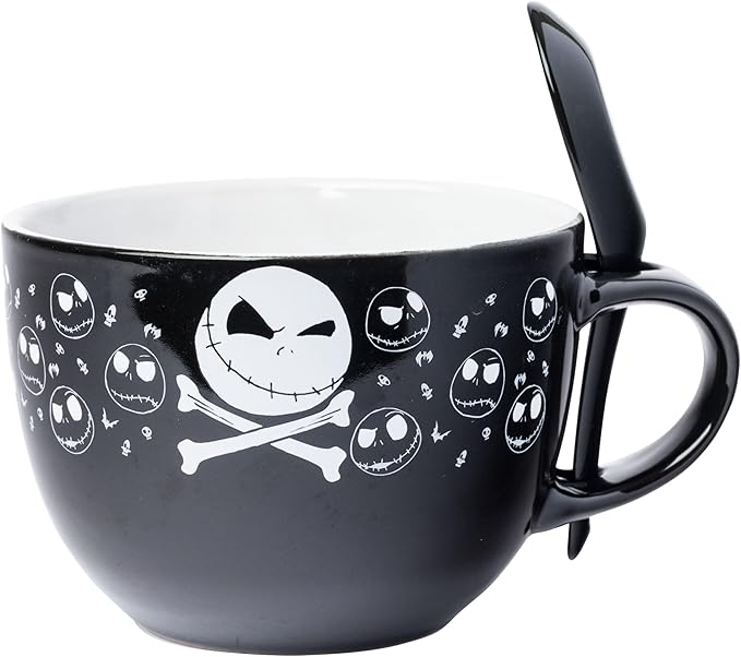 Silver Buffalo Disney Tim Burton's Nightmare Before Christmas Jack Skellington Skulls Ceramic Soup Mug with Spoon Set, 24 Ounces