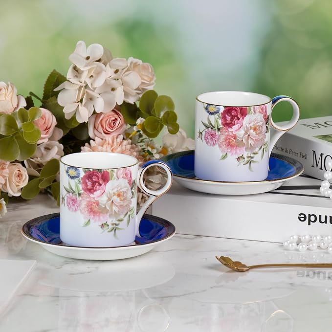 KAMMAK Tea Cups and Saucers Set of 2, Porcelain Coffee Cups, Stackable Espresso Mugs, Ceramic Demitasse for Coffee, Cappuccino, Latte, Americano, Tea, Blue
