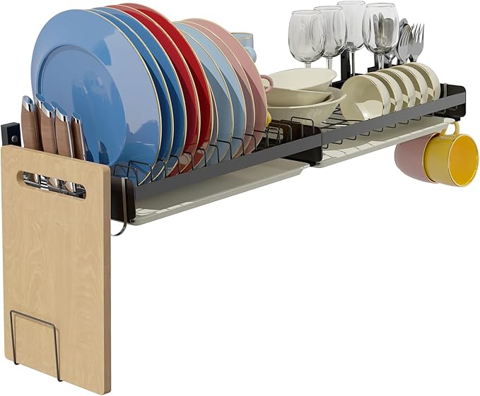 Hanging Wall Mounted Dish Drying Rack with Cutting Board Rack*1, Hook*4, Drain Tray*2, Apartment & RV Wall Mounted Dish Rack, Adhesive Mountable, Mounted Length: 31.8", Washable (Black)
