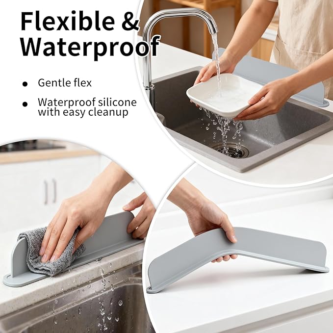 19.2inch(49cm) Silicone Sink Splash Guard, Sink Splash Guard with Suction Cup,Kitchen Sink Water Splash Guard, Kitchen Sink Splash Guard that Can Be Placed Behind (1, Gray)