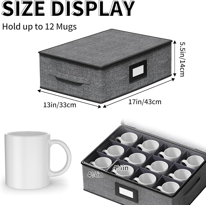 Aokeyee 2-Pack Cup & Mug Storage Box with Dividers, Hard Shell Organizer with Lid, Handles, Zippers & Label Slot, Holds 24 Mugs, Teacups & Glasses, Stackable Containerfor Moving & Protection, Grey