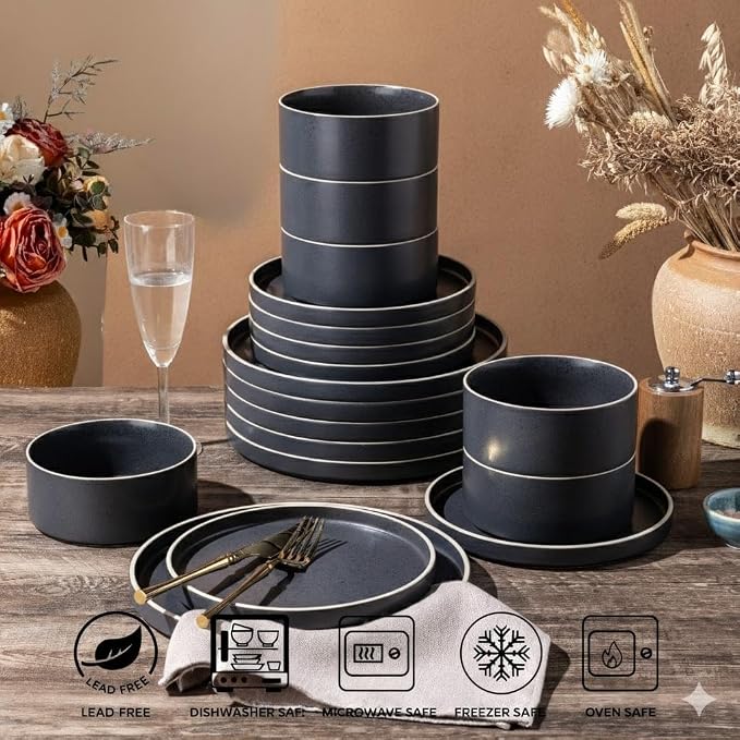 LERATIO Ceramic Dinnerware Sets for 6, High Edge Stoneware Plates and Bowls Set, Chip and Crack Resistant | Oven & Dishwasher & Microwave Safe Dishes Set, Service for 6 -Speckeld Black