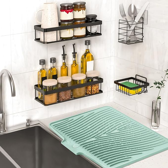 TIKNIK Silicone Dish Drying Mat, Stone Drying Mat for Kitchen Counter with Built-In Drain, Non-Slip Drain Pad with Built-in Drain, Heat Resistant Stone Drying Mat, Hangable, Mint-1pcs, 20" x 15"