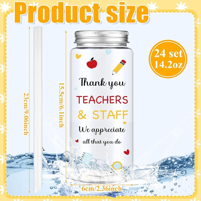 Skylety 24 Pcs Back to School Gift Bulk Teacher and Staff Appreciation Cup 14 oz Thank You Cups Plastic Cups with Lid and Straw for School Teacher Staff Office Classroom Party Favor Supplies