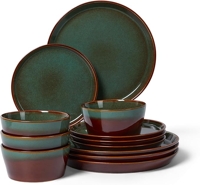 Pokini Plates and Bowls Sets for 4, Ceramic Dinnerware Sets, Kitchen Dish Set, Microwave & Dishwasher Safe Dishware, Highly Durable Hand Glazed Dinner Set, Brown Green