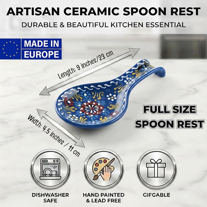 BCS Ceramic Spoon Rest, Large 9” Hand Painted Spoon Holder for Stove Top & Kitchen Counter, Dishwasher Safe & Heat Resistant Utensil Holder, Floral Kitchen Decor, Handmade Pottery