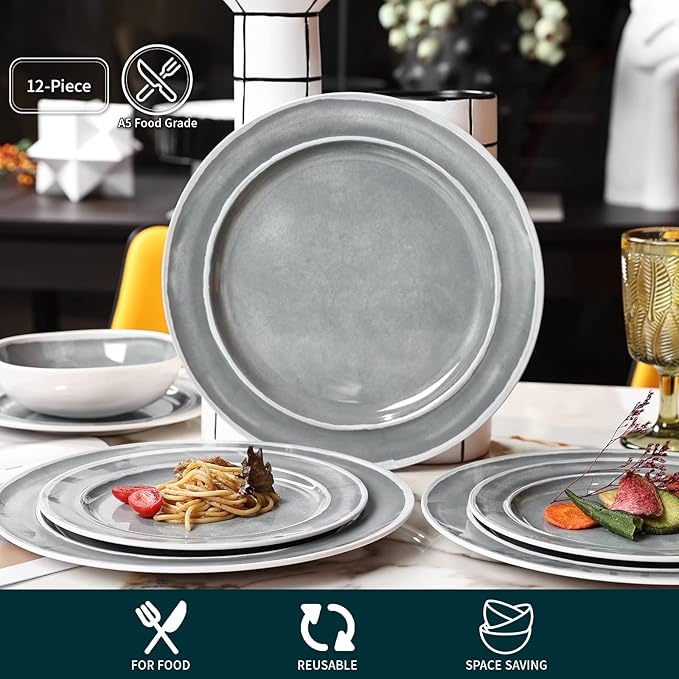 Melamine Dinnerware Set - 12pcs Dishes Dinnerware Set for 4, Indoor and Outdoor use, Dishwasher Safe, Break-resistant, Lightweight, Gray