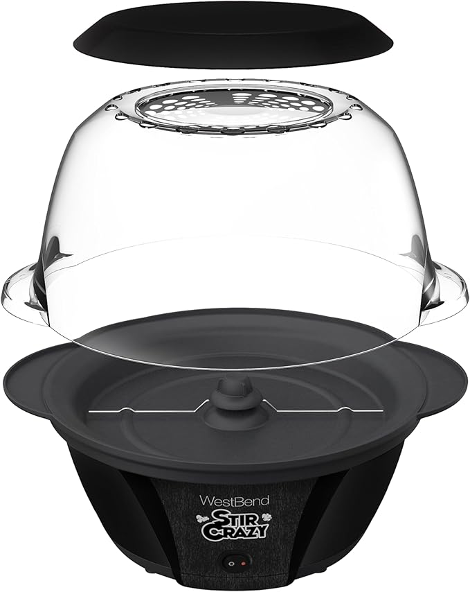 West Bend 82707B Stir Crazy Hot Oil Popcorn Popper, Popcorn Maker Machine with Large Serving Bowl Lid and Stirring Rod, 6 Qt, Black