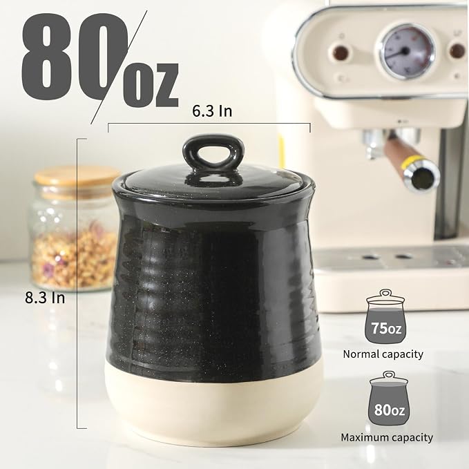 HASENSE Ceramic Kitchen Canister, 75 Oz Large Airtight Coffee Canister with Lid, Food Storage Jar for Coffee Beans, Nuts, Candy, Spices, Flour & Herbs, Farmhouse Kitchen Decor, Black