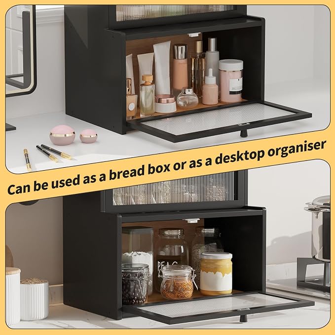 Double Layer Bamboo Bread Box for Kitchen Counter,Bread Holder,Countertop Bread Storage with Window (Black)