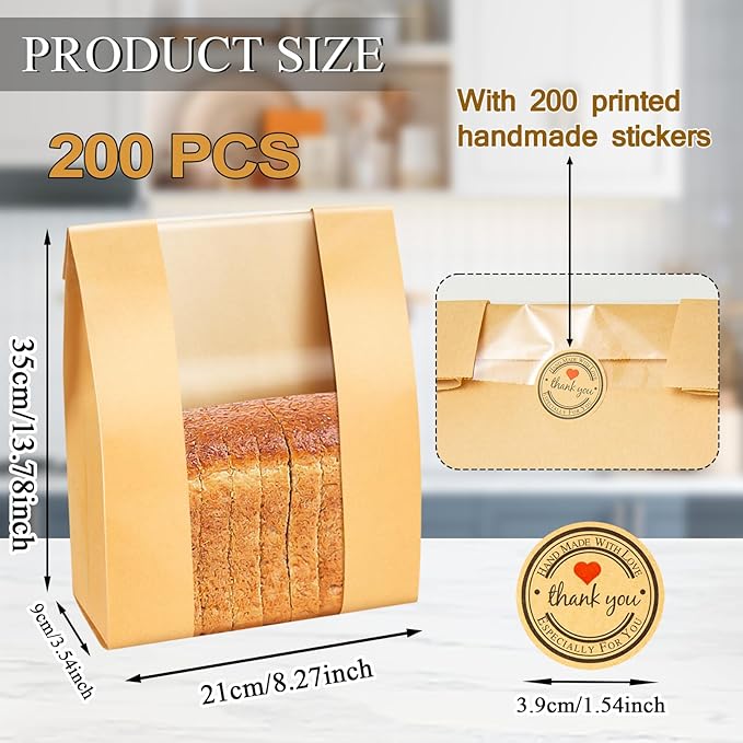 ONLYFU 200 Pack Paper Sourdough Bread Bags, 14" x 8.3" x 3.5" Large Baked Cookies Storage Bag with Clear Window for Bakery Homemade Bread, Brown Bread Packaging Bags with 200 Label Seal Stickers